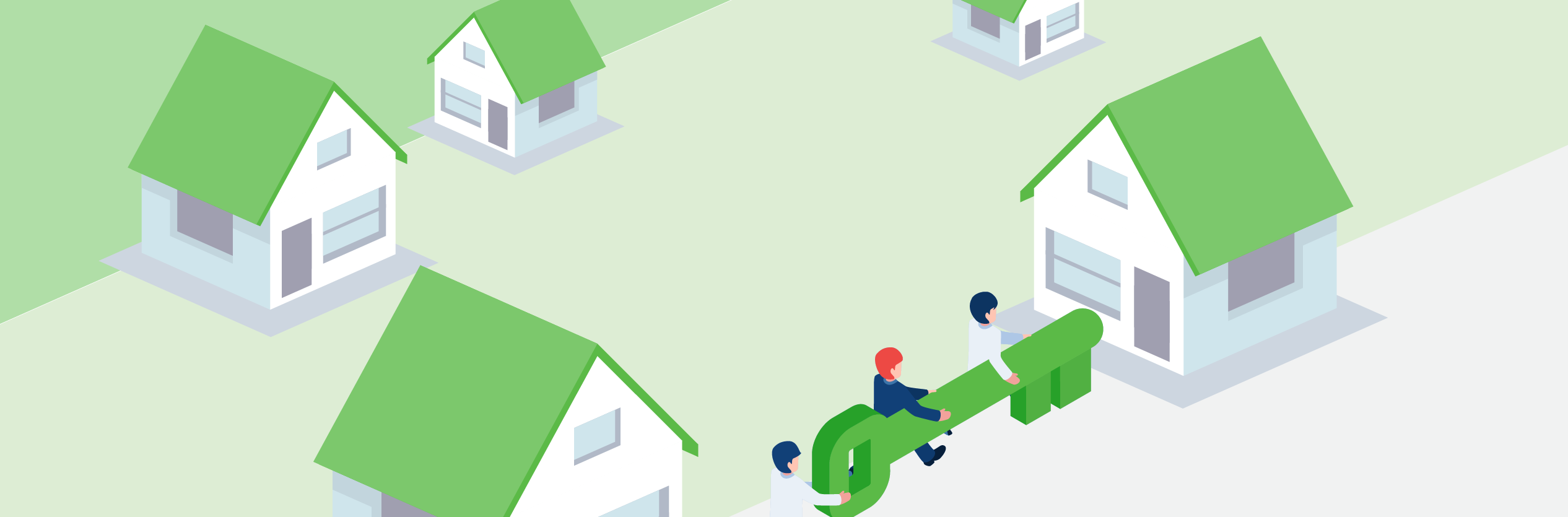 property investment mistakes header. Image of houses and a team holding a key.